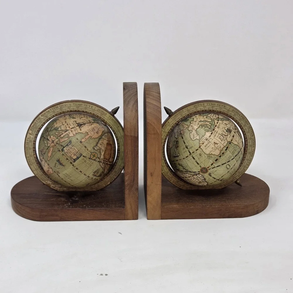 Vintage Old World Globe Bookends Pair Wood Rotating Spinning MCM Library Decor